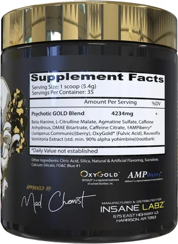 Vista 2 de Insane Labz Psychotic Gold, polvo de preentrenamiento altamente estimulante, concentración y energía de extrema duración, bombeo muscular