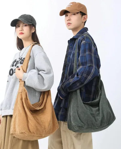 Vista 5 de Bolso Hobo para mujeres y hombres, bolso de hombro de pana de gran capacidad, bolso cruzado minimalista de viaje