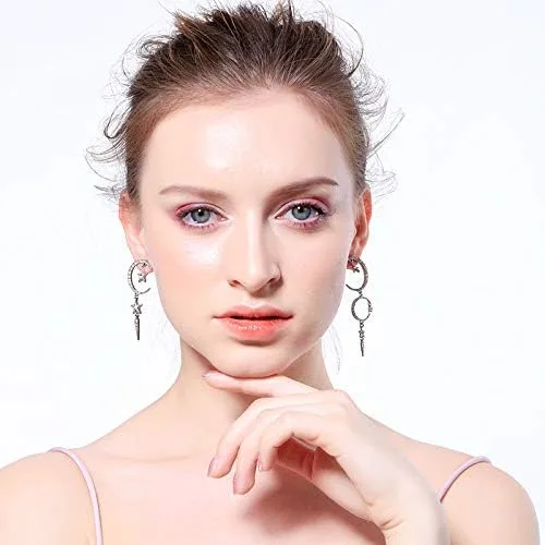 Vista 2 de Exaggerated - Aretes de gota con diseño de luna de sol y estrellas con diamantes de imitación punk, para mujer