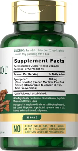 Vista 2 de Carlyle Pycnogenol 100mg 30 Cápsulas Extracto de corteza de pino marítimo francés Pinus Pinaster Suplemento sin OMG y sin gluten