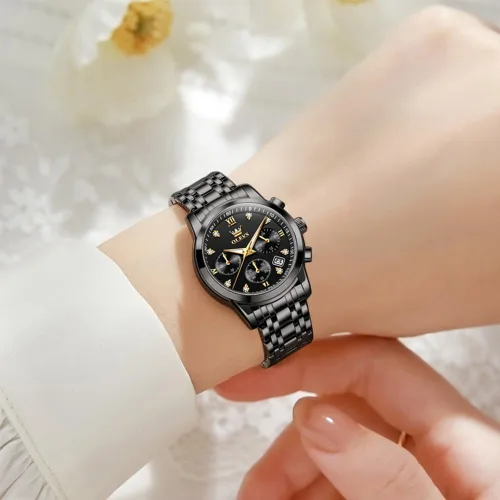 Vista 2 de OLEVS Reloj multifuncional de dos tonos para mujer, reloj analógico de cuarzo para mujer, de acero inoxidable, resistente al agua, con diamantes