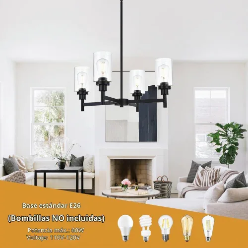 Vista 6 de Lámpara de araña de cristal de 4 luces estilo granja, negra, para cocina, iluminación colgante con cilindro de cristal transparente para comedor