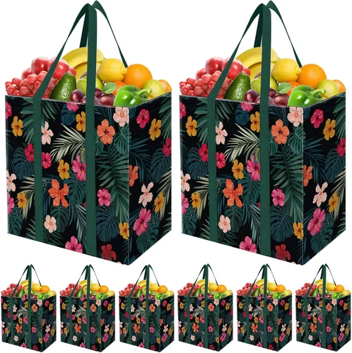 Vista 31 de BALEINE Paquete de 2 bolsas de comestibles reutilizables con parte inferior reforzada, bolsas plegables resistentes (follaje antiguo)
