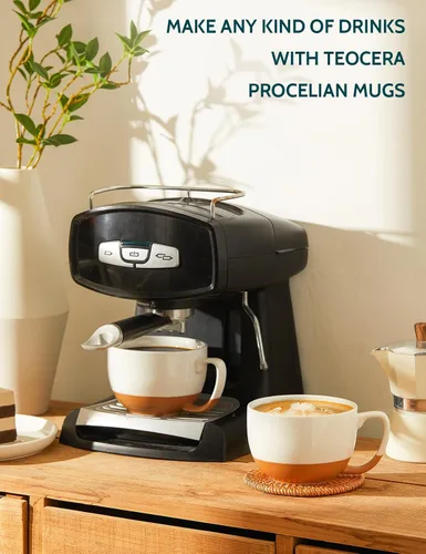 Vista 2 de Teocera Juego de 4 tazas de café color beige, taza de café de cerámica de 16 onzas, juego de tazas grandes con asa para bebidas frías o calientes