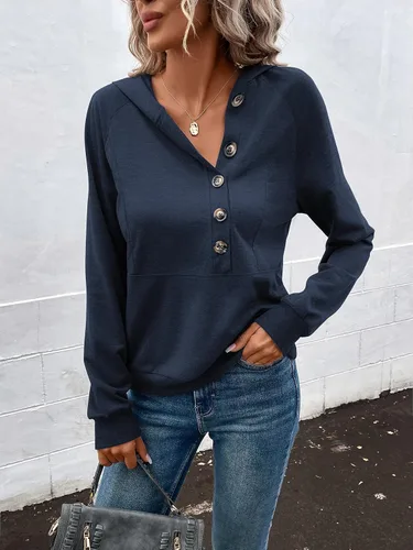 Vista 3 de SweatyRocks Sudadera casual de manga larga raglán para mujer, sudadera con capucha y medio botón frontal
