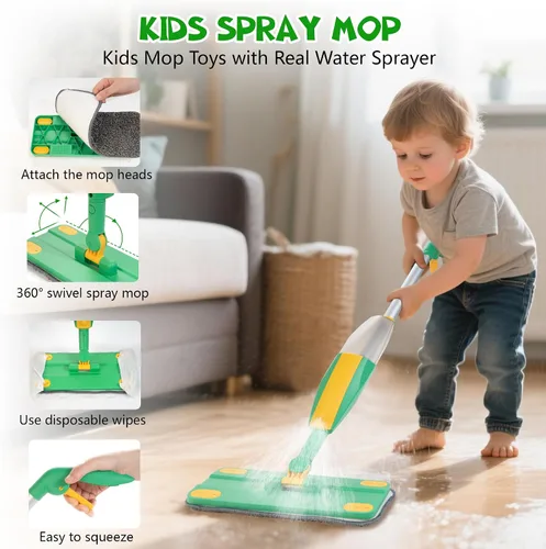 Vista 3 de WOODMAM Juego de Limpieza de Madera para Niños con Trapeador Rociador, Juguetes de Limpieza Montessori con Rociador de Agua Real y Juego