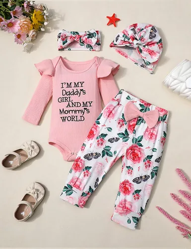 Vista 4 de KANGKANG Ropa de bebé recién nacida Hi I'm New Here, traje para recién nacido, mameluco para bebé, pantalones florales, lindos trajes de bebé niña