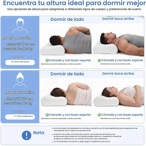 Vista 5 de Almohada de espuma viscoelástica, doble altura (4.7 y 6.1 pulgadas), almohada cervical de alto perfil para dormir de lado, almohada ergonómica
