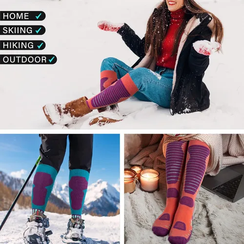 Vista 3 de Calcetines de esquí de lana merino para hombre y mujer, 2 pares para esquí, snowboard, térmicos hasta la rodilla, calcetines de rendimiento