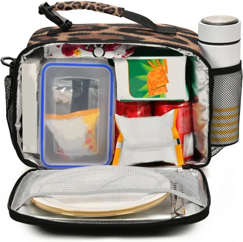 Vista 2 de Fiambrera aislada, suave, bolsa de almuerzo con estampado de leopardo para oficina, trabajo, escuela, picnic, playa