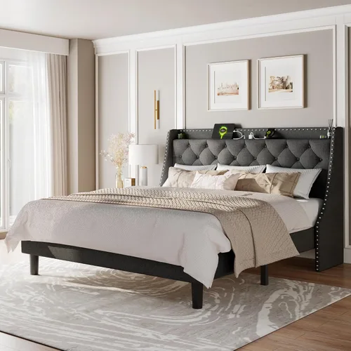 Vista 11 de Feonase - Base de cama tamaño completo con respaldo de alas de lujo y estación de carga rápida, base de cama tapizada con botones y cabecera