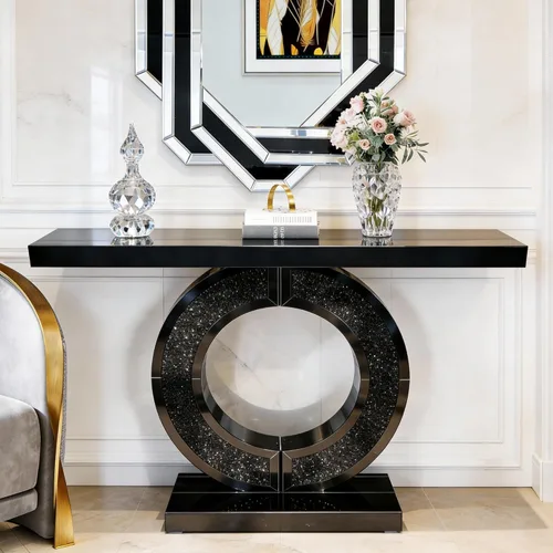 Vista 3 de SSLine Mesa de consola negra con espejo para sala de estar, mesa de entrada moderna de espejo de 43 pulgadas con base de cristal en forma de O