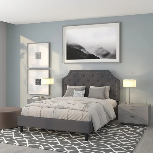 Vista 13 de EMMA + OLIVER Base de cama tapizada con diseño arqueado y diseño capitoné en tela beige