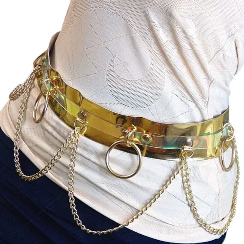 Vista 4 de Cinturón de piel holográfica para mujer, diseño gótico punk, ajustable, correa de piel Holographic Golden