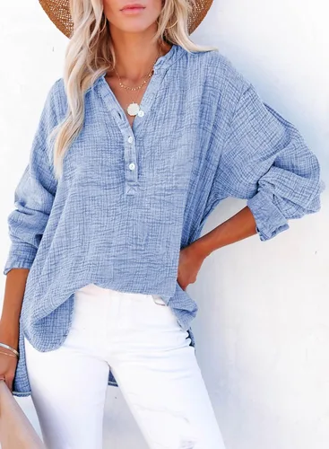 Vista 8 de Dokotoo Camisas de manga larga con cuello en V y botones para mujer, blusas lisas de gran