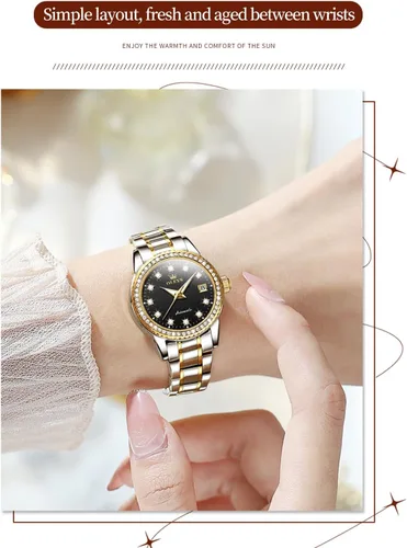 Vista 4 de OLEVS Reloj de pulsera de acero inoxidable original de acero inoxidable para mujer, mecánico automático, de lujo, color dorado