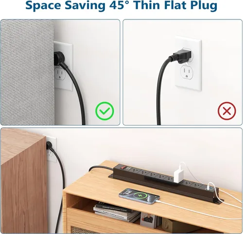 Vista 5 de Regleta de alimentación resistente de 8 salidas con USB PD de 20 W, protector de sobretensiones BTU de 6 pies de largo con USB A y USB C, tira