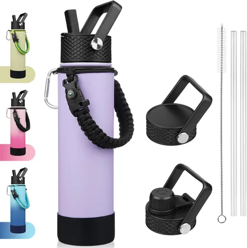 Vista 28 de BJPKPK - Botella de agua con tapa de popote, botellas de agua aisladas de 18 onzas con 3 tapas, asa de cuerda de paracaídas y base antideslizante