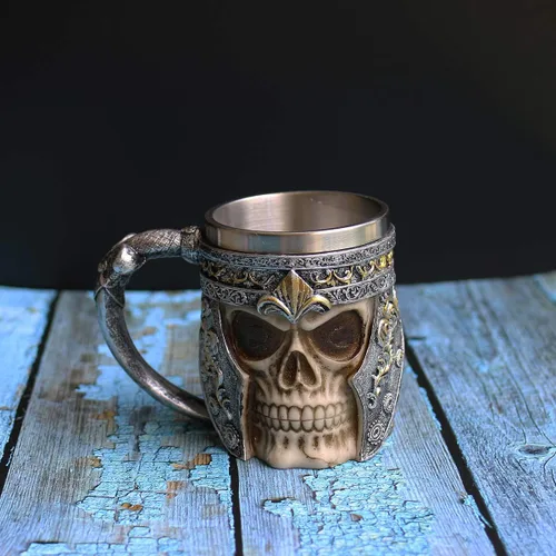 Vista 4 de Taza de café de calavera de 13 onzas, tazas de cerveza con calavera vikinga, revestimiento de acero inoxidable, regalo para hombres, regalos del día