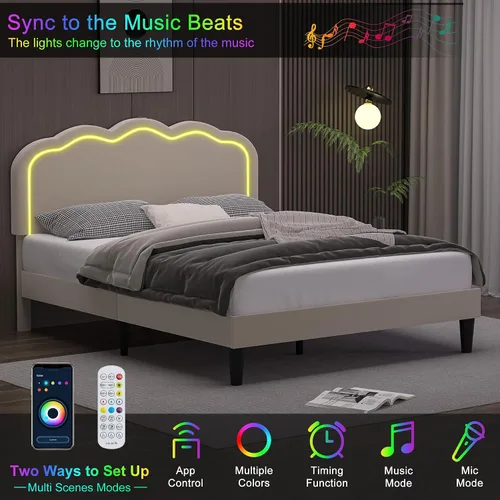 Vista 3 de VECELO - Base de cama tapizada tamaño matrimonial con cabecera ajustable, luces LED, USB-A y tipo-C, plataforma de cama de terciopelo sin ruido
