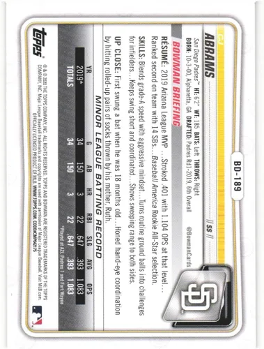 Vista 2 de CJ C.J. ABRAMS 2020 Bowman Draft #BD189 Rookie Card RC San Diego Padres Baseball