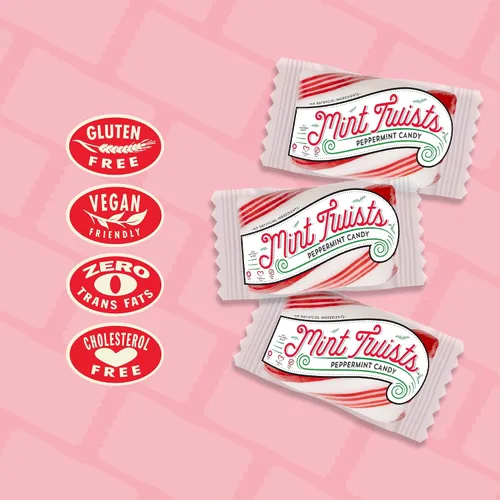 Vista 6 de Atkinson's Natural Mint Twists Peppermint Red and White Bolsa de 2 libras Mentas suaves envueltas a granel, sin gluten, kosher, veganas. Ideal