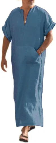 Vista 16 de COOFANDY - Bata de cuello en V de lino para hombre, manga corta, kaftán, thobe, túnica larga, camisa casual para playa, verano 01-Blanco