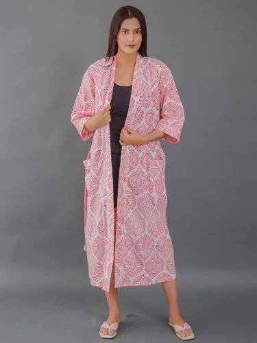 Vista 6 de Cárdigan tipo kimono con estampado indio para mujer, cuello en V, suelto, para playa, vestido de noche tipo kimono de algodón Rosado