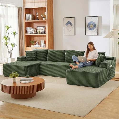 Vista 11 de Sofá modular de 133.5 pulgadas con tumbonas móviles, sofás deshuesados con portavasos para sala de estar, sofá modular en forma de U de gran