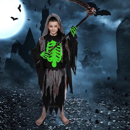 Vista 8 de Neragron Disfraz de la parca para niños y adultos, esqueleto que brilla en la oscuridad, disfraz de Halloween, guadaña con guantes incluidos