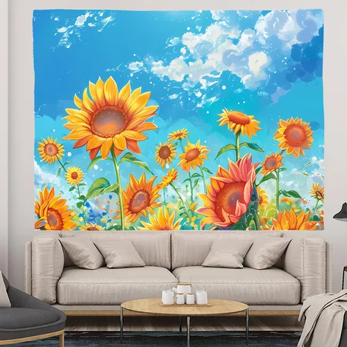 Vista 4 de WODEJIAFANG Tapiz estético de tela para pared, tapiz decorativo de girasol, fondo de oficina, divisor de habitación para dormitorio, jardín al aire