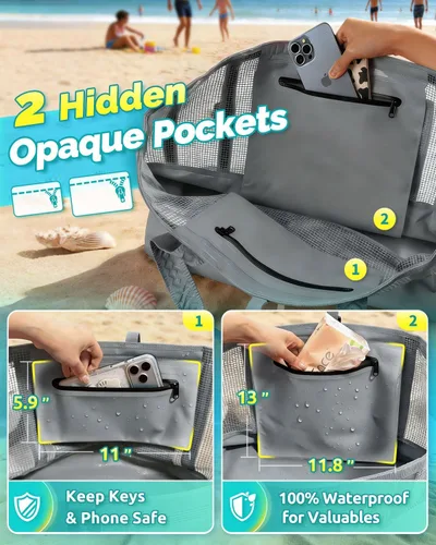 Vista 4 de Bolsa de playa de 50L con parte inferior impermeable y malla recubierta para playa, barco, piscina y deportes