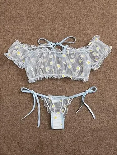 Vista 2 de Women Bra and Panty Set Ruffle Lingerie Dobby Mesh Babydoll Chemise