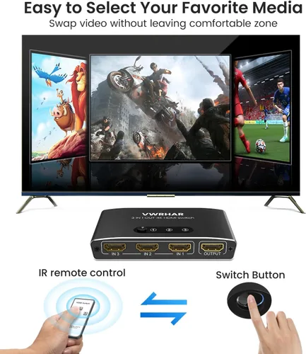 Vista 3 de Interruptor HDMI 3 en 1 Salida 4K UHD HDMI Switcher Splitter, interruptor automático con control remoto de metal HDMI Switch Box Hub Soporte 4K 3D