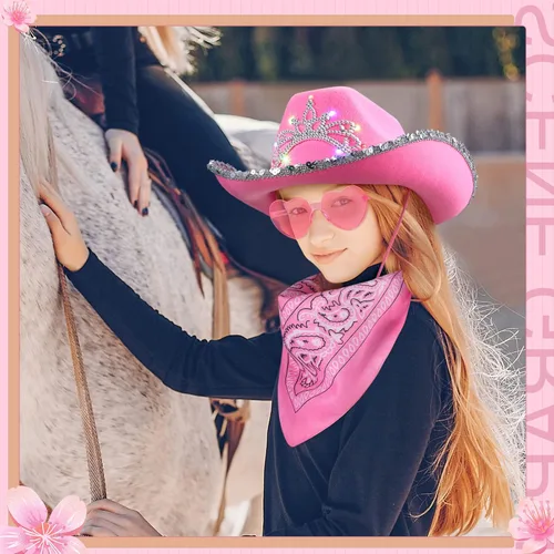 Vista 6 de Zhanmai 12 piezas de sombrero de vaquera con lentes de corazón y bandana con corona de tiara