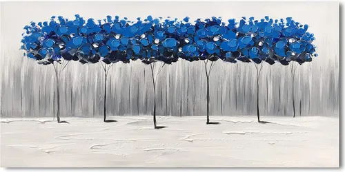 Vista 2 de Yihui Arts - Pintura al óleo de árbol azul pintado a mano en lienzo, paisaje moderno abstracto, obra de arte para pared, decoración para sala