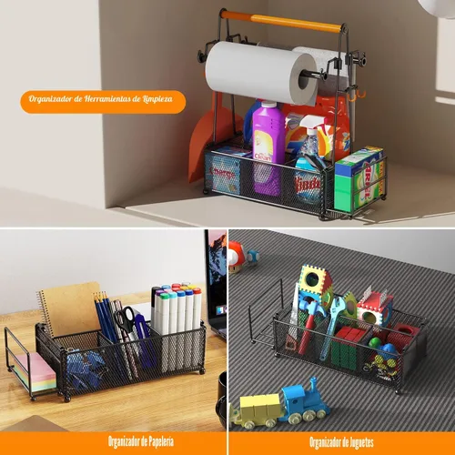 Vista 8 de PHINOX Organizador de utensilios con asa y portarrollos de toallas de papel, organizador de cubiertos y condimentos para fiestas, pícnic y Negro
