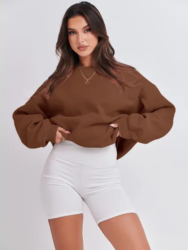 Vista 3 de ANRABESS Sudadera de manga larga para mujer, casual, cuello redondo, ajuste holgado, sudadera con capucha de forro polar para otoño