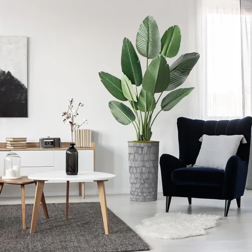 Vista 18 de Árbol artificial en maceta moderna con patrón triangular, palmera tropical areca artificial de seda para decoración del hogar en interiores