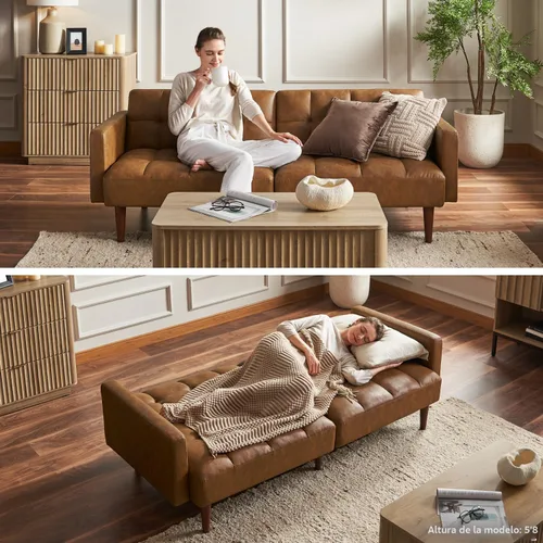 Vista 8 de Mopio - Sofá cama tipo futón de 76.4 pulgadas, estilo capitoné, sofá cama (negro medianoche) Easy-clean surface reclines flat for visitors; a