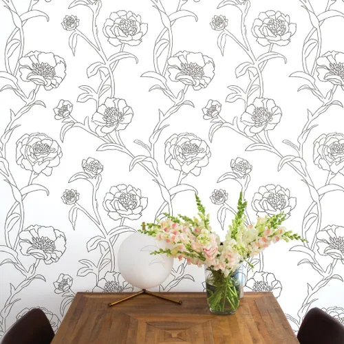 Vista 8 de Tempaper Papel tapiz floral extraíble con despegar y pegar de peonías metálicas en blanco y negro, 20.5 pulgadas x 16.5 pies, fabricado