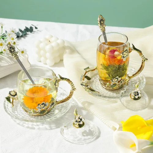 Vista 4 de Tazas de té elegantes con flores, tazas de café con tapa, regalo del día de la madre, regalos de cumpleaños para mujeres, regalos del día de San