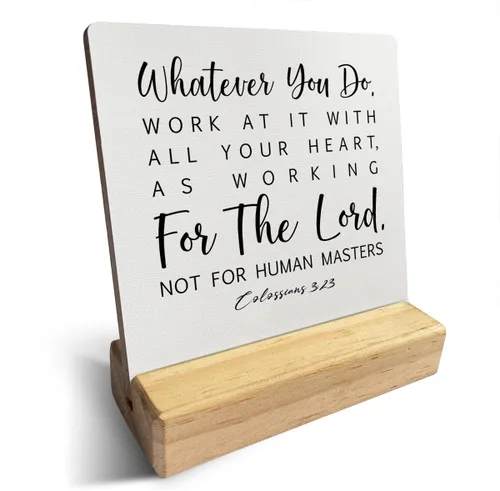 Vista 14 de Letrero de madera con versículos bíblicos con texto en inglés "Country Be Still and Know That I am God", decoración de escritorio cristiana