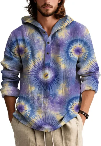 Vista 17 de Camisas de manga larga con estampado de teñido anudado para hombre, sudadera con capucha de 3 botones, sudadera retro cómoda con capucha