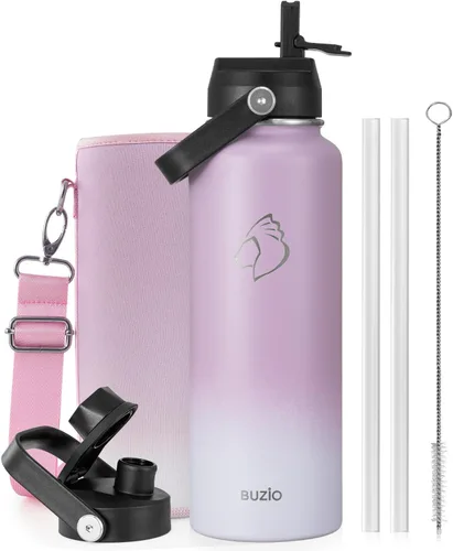Vista 50 de BUZIO Botella de agua aislada de 24 oz, frasco de agua de boca ancha de acero inoxidable con tapa de pajita, frío durante 48 horas a prueba de Negro