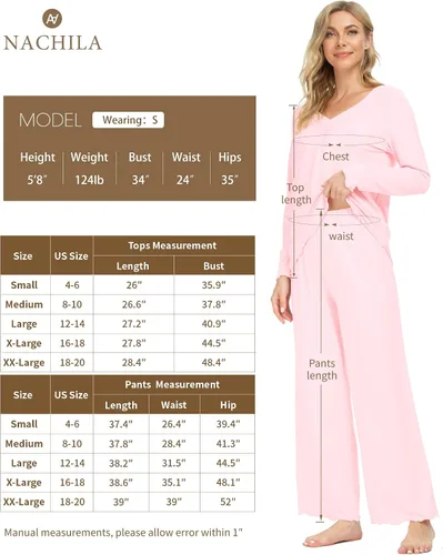 Vista 2 de NACHILA Conjunto de pijama de bambú de manga larga para mujer, conjunto de pijama suave, pantalones de descanso, talla XXL