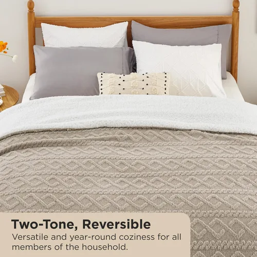 Vista 7 de Bedsure Manta de cable Sherpa tamaño Queen (gris y beige)
