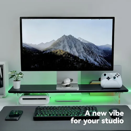 Vista 5 de Soporte elevador de bambú para monitor con luces RGB, estante de escritorio de 31.5 pulgadas con patas acrílicas para escritorio, monitor