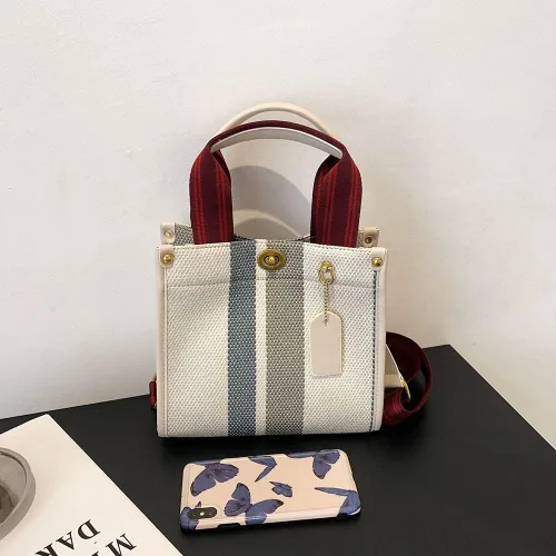 Vista 2 de Bolso de lona para mujer, bolso cruzado estilo hobo, bolso casual de lona, bolso de hombro con asa superior, color a rayas