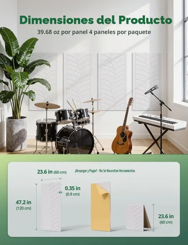Vista 9 de Paquete de 4 paneles acústicos grandes que absorben el sonido para paredes de estudio, azulejos decorativos autoadhesivos de arte de hojas